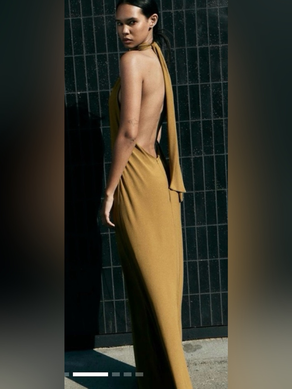 ZARA Maxi Open Back High Neck Halter Dress with Ties Mustard/Olive Sz M NWOT